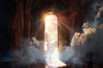 Sunbeams shining through majestic temple door opening to heaven with clouds and mist, creating a magical atmosphere