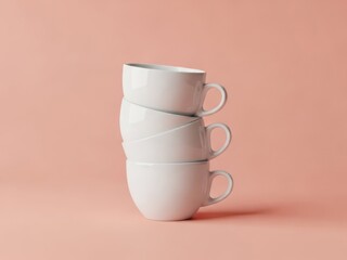 Stacked white ceramic mugs create a modern minimalist composition set against a soft pastel pink background with elegant shadows and clean design