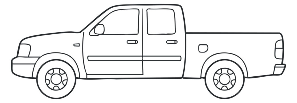 A side view of a pickup truck in black and white outline vector style, suitable for automotive design and transportation projects