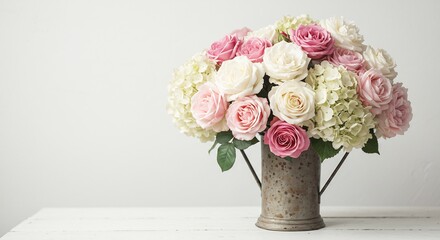 Obraz premium 白い木製テーブルに置かれた美しいピンクと白のバラとアジサイの花束柔らかな自然光が花々を優しく照らし優雅な雰囲気を醸し出す. AI Generated