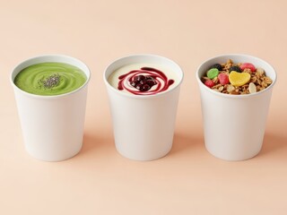 Three refreshing smoothie cups with assorted toppings on light pink background with vibrant colors different textures and healthy delicious ingredients