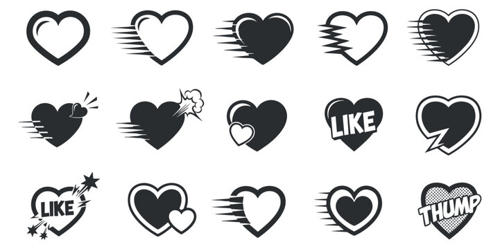 A collection of dynamic heart icons with various effects in black and white vector style, perfect for social media and branding