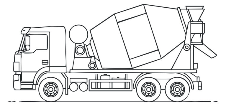 A cement truck with a large mixer in clean black and white outline vector style, ideal for construction and engineering projects