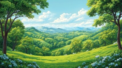 Verdant hills with flowers under blue sky
