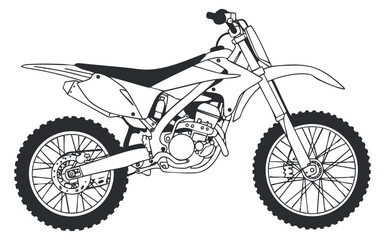 Fototapeta premium A detailed illustration of a dirt bike in black and white outline vector style, suitable for automotive design projects
