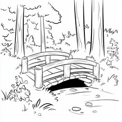 Whimsical illustration of a small bridge nestled in a forest clearing.