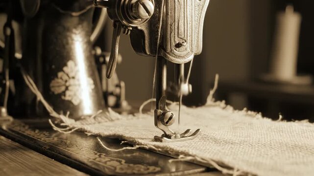 Vintage sewing machine stitching fabric with thread and needle closeup