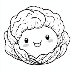 Smiling cauliflower cartoon is isolated on white background in black & white.