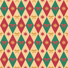 Christmas rhombus seamless pattern. Xmas plaid texture in green, red, gold colors. Argyle geometric diamond pattern with bows and stars. Winter circus background. Vector retro holiday print.