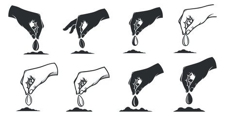 A set of hands demonstrating the process of planting seeds in black and white outline vector style, suitable for gardening and agricultural themes