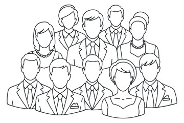 A group of business professionals in outline vector style, suitable for corporate branding and team building projects