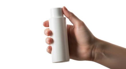 Hand holding a white deodorant stick isolated on transparent background