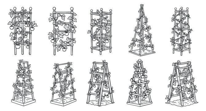 A collection of various trellis designs for supporting climbing plants in outline vector style, suitable for gardening projects and landscaping