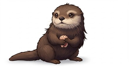 真っ白な背景に愛らしく佇むふわふわの子カワウソが澄んだ瞳と無垢な表情で小さな貝殻を両手でそっと抱える心温まるデジタルイラストレーション. AI Generated