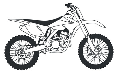 Obraz premium A detailed outline illustration of a dirt bike in black and white vector style, ideal for motorsport graphics and designs