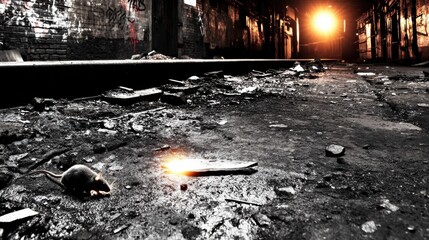 A rat scampers across dirty tracks in a dark abandoned subway tunnel lit by distant orange light. This gritty scene captures urban decay and mystery perfect for horror themes.
