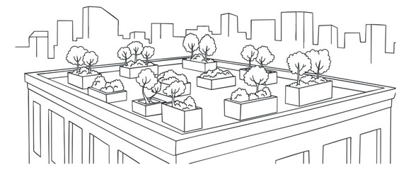 Obraz premium A rooftop garden featuring planters and trees in minimalist black and white outline vector style, ideal for urban design projects