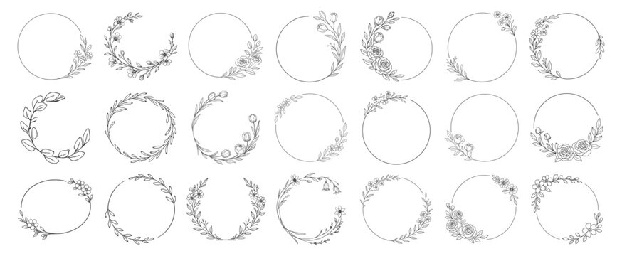 Floral wreath frames and circular botanical borders, elegant hand drawn line art flowers and leaves, decorative wedding invitation design set on transparent background