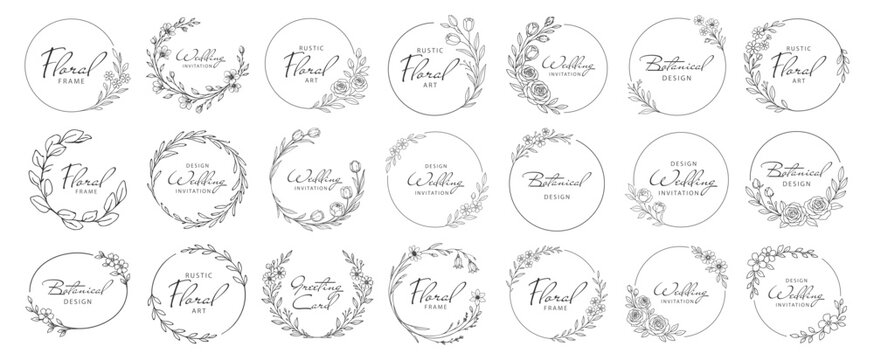 Floral wreath frames for wedding invitations, botanical hand drawn vector illustration set, elegant rustic line art circles and borders on transparent background