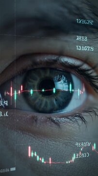 Close-up of an eye reflecting stock market charts, symbolizing focus on financial trends and analysis, vertical shot