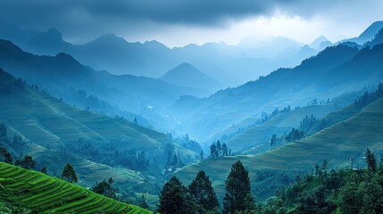 Verdant terraced hills under a misty sky