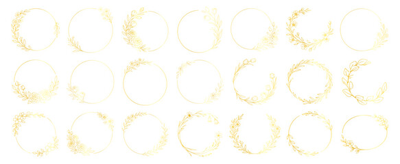 Golden floral wreath frames and circular botanical borders, elegant line art flowers and leaves, luxury decorative wedding invitation design set on transparent background