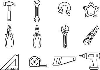 Obraz premium Tools, construction, repair, DIY, icon, silhouette, black, vector, hammer, wrench, pliers, knife, saw, drill, tape, square, cutter, gear, illustration