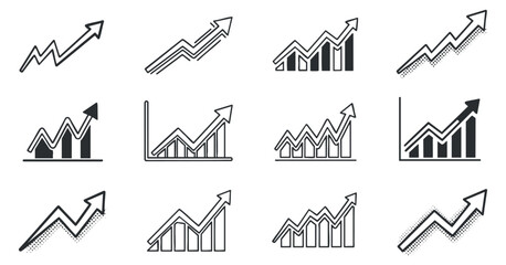 A collection of upward trending graphs and charts in black and white minimalist vector style, ideal for business presentations and financial reports