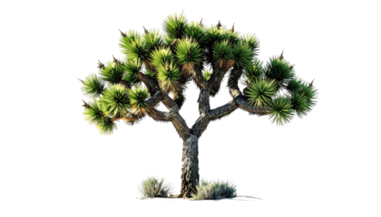 A solitary desert tree with spiky, green foliage and sturdy trunk