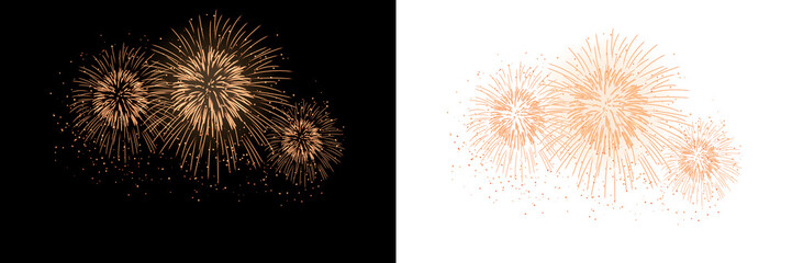 Golden glowing PNG fireworks burst across a deep black sky, sparkling trails and glowing orbs, New year, wedding, holiday celebration atmosphere with warm light and dynamic motion.