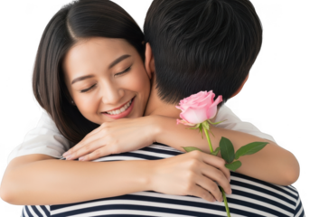 Smiling young asian woman hugging man from behind while holding a single pink rose isolated on transparent background