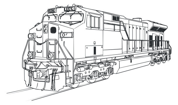 A detailed outline of a freight train locomotive in black and white vector style, suitable for transportation and engineering projects