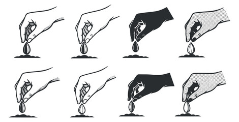 A collection of hands planting seeds in soil in black and white minimalist vector style, suitable for gardening and agricultural themes