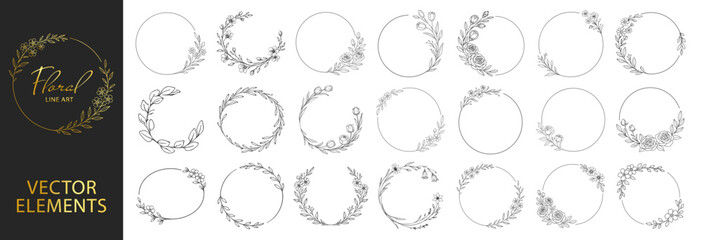 Floral wreath logo set, botanical frames and wedding invitation elements, elegant rustic hand drawn line art vector collection on transparent background