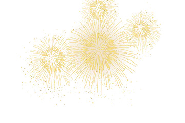 Golden glowing PNG fireworks burst across a deep black sky, sparkling trails and glowing orbs, New year, wedding, holiday celebration atmosphere with warm light and dynamic motion.