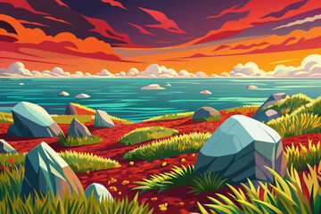 grassy coastal meadow stretches toward the sea, blending open plant fields with ocean horizons and soft shoreline transitions