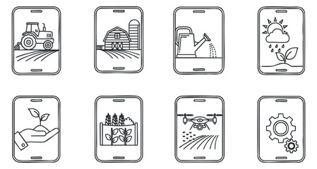 A collection of farming and agriculture icons displayed on smartphone screens in minimalist outline vector style, suitable for agritech applications and digital farming solutions