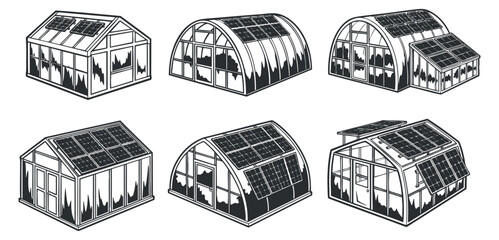 A collection of six solar-powered greenhouses in black and white minimalist vector style, ideal for sustainable gardening and agricultural projects