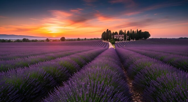 Lavender Field at Sunset with Trees. - Powered by Adobe
