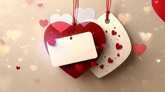 Animated background with a hanging red heart and blank card. Floating romantic hearts and sparkling bokeh for Valentine's Day or a wedding. Copy space for text
