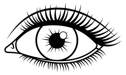 A detailed illustration of an eye with long eyelashes and a prominent pupil, viewed from the front