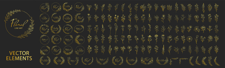 Golden floral wreaths and botanical elements collection, elegant line art flowers and circular frames, luxury decorative wedding invitation design set on transparent background © Pavlo