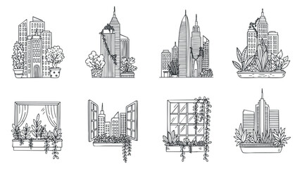 A collection of urban buildings and window designs with plants in black and white line art style, perfect for home decor and gardening themes