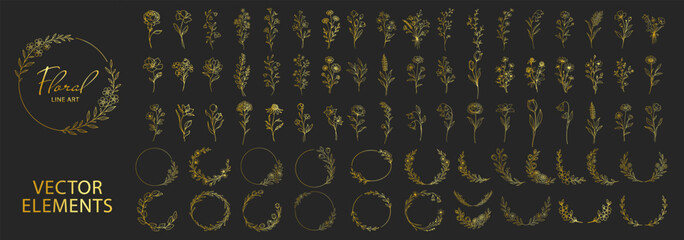 Golden floral wreaths and botanical elements collection, elegant line art flowers and circular frames, luxury decorative wedding invitation design set on transparent background