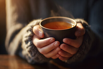 Warm hands hold a steaming cup of tea on a cold day indoors while wearing a cozy sweater
