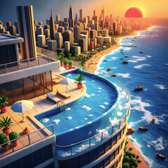 A terrace on a skyscraper with a swimming pool offering a beautiful view of the surrounding city by the sea