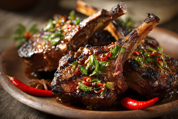 Grilled lamb chops with herbs and spices on wooden cutting board at kitchen setting