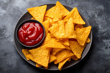 Crunchy tortilla chips with red sauce on a plate ready for sharing at a casual gathering