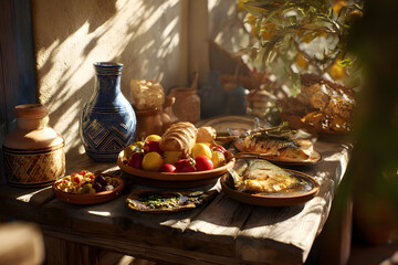 Table filled with various cooked dishes in a rustic setting during a daytime meal