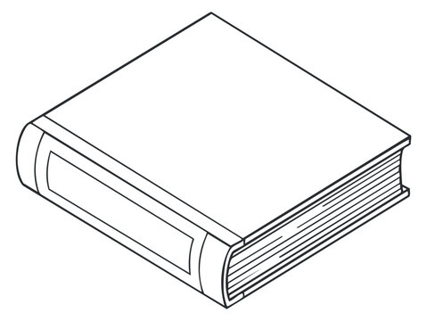 An outline illustration of a closed book in minimalist black and white vector style, perfect for educational materials or publishing projects
